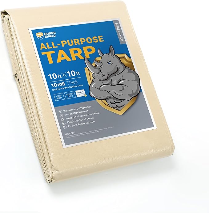 GUARD SHIELD Beige Tarp Heavy Duty Waterproof 10x10 Feet Outdoor Poly Tarps Cover Square Thick UV Resistant Canopy Tarpaulin with Grommets 10mil