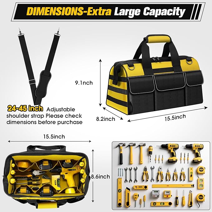 16-Inch Heavy Duty Tool Bag, 19-Pockets Tool Box Organizer, Portable Toolbag W/Soft Handle, Organized Storage, Mechanic Gifts for Men Dad Husband Him Christmas, Wide Mouth Toolbox Organization, Yellow