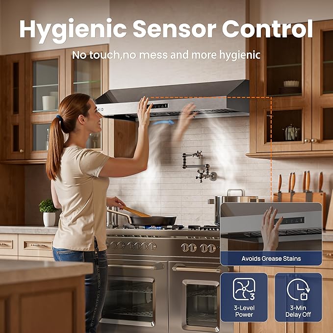 Range Hood 36 inch,1.5 Sones Quiet for Stove Vent Hood,Black Stainless Steel (PVD) Kitchen Exhaust Hood with 900 CFM, Hood Vent with 3 Speed Gesture Sensing&Touch Control Panel