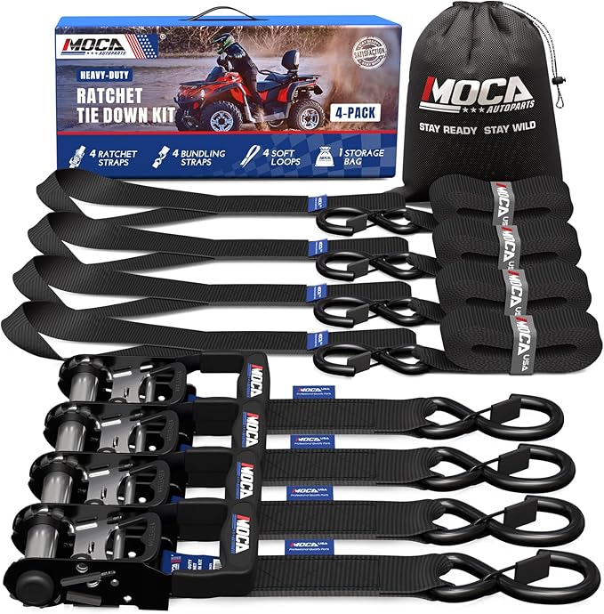 MOCA Black Heavy Duty Ratchet Tie Down Straps - 5200 Lbs Breaking Strength 1.6" x 8', Includes 4 Heavy Duty Ratchet Padded Handles & Coated Chromoly S Hooks & 4 Soft Loop Tie-Downs