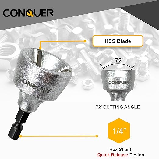 CONQUER HSS Deburring Chamfer Tool for Metal – External Burr Remover Drill Bit 1/8"–3/4", Thread Repair & Countersink Bit for Stainless Steel, Aluminum, Copper