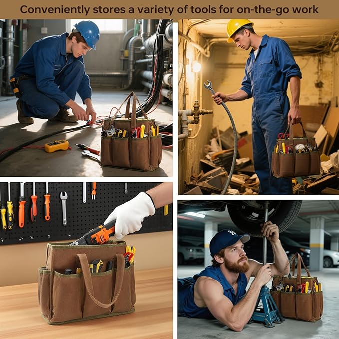 13in Tool Bag, Heavy Duty 19oz Waxed Canvas Bag 11-Pocket Portable Tool Bag Organizer Storage Toolbox for Gardener Welders Electrician Working Mechanic tool bags for men