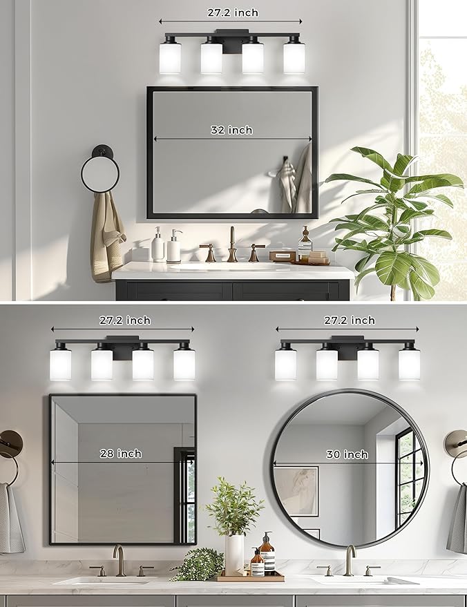 DORESshop 4-Light Black Bathroom Light Fixture Over Mirror with Milk Glass Shade, Modern Vanity Lights for Hallway Living Room Bedroom, ETL Listed