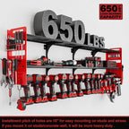 64" Power Tool Organizer Wall Mount, 16 Slots, 3-Tier Drill & Cordless Tool Storage Holder with Pegboard Sides, Tool Wall Organizer for Garage & Workshop Red