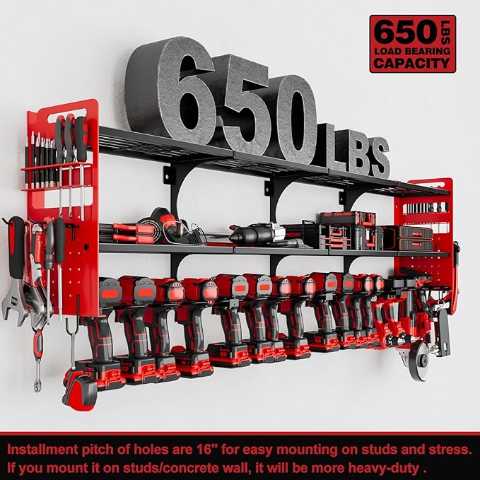 64" Power Tool Organizer Wall Mount, 16 Slots, 3-Tier Drill & Cordless Tool Storage Holder with Pegboard Sides, Tool Wall Organizer for Garage & Workshop Red