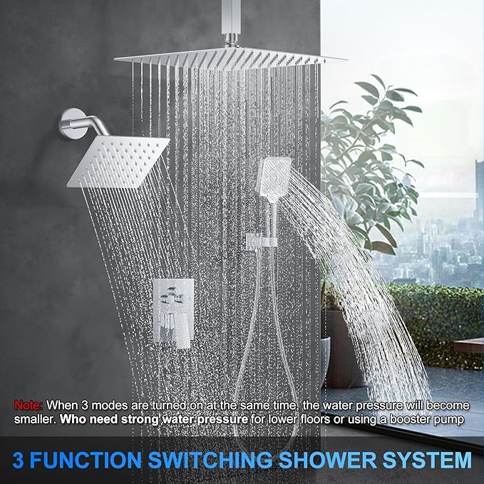 Shower Faucet Set, 12" Ceiling Mount Rainfall Shower System with 2 Rain Shower Head and Multi-function Handheld Head Push Button Diverter Shower Faucet Trim Kit (12", Polished Chrome)