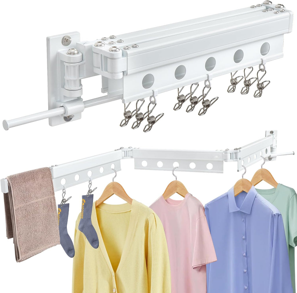 Clothes Drying Rack Wall Mounted, Retractable Space-Saving Foldable Laundry Drying Rack for Indoor & Outdoor Use - Laundry Rooms, Bathroom & Balconies,Includes 10 Clothespins(White)