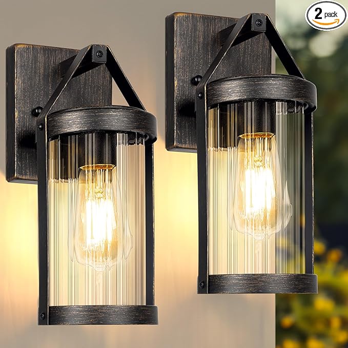 2-Pack Outdoor Wall Lights, Waterproof Outside Light Fixtures Wall Mount with Clear Ribbed Glass, Modern Bronze Exterior Wall Sconce Front Porch Lights for House, Patio, Garage, Bulbs Not Included