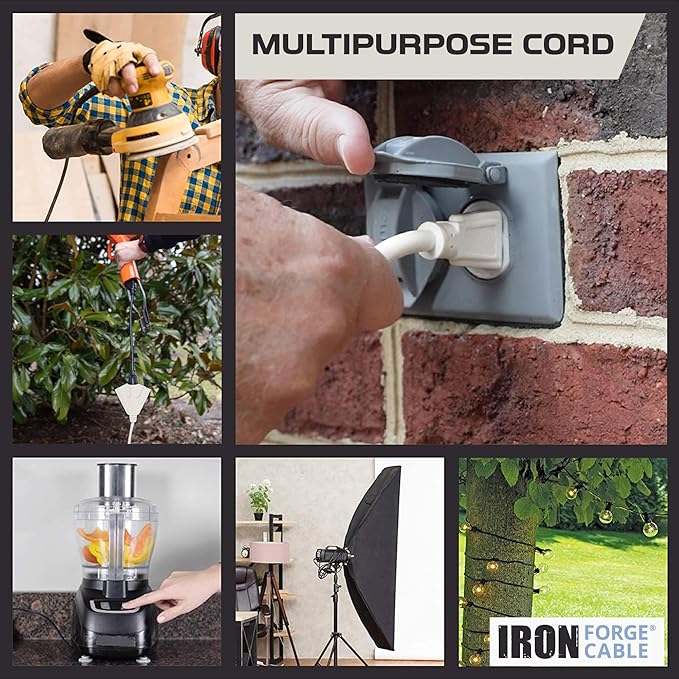 Iron Forge Cable Weatherproof 10 Ft Outdoor Extension Cord with 3 Outlets - 16/3 SJTW Heavy Duty Beige Extension Cord 3 Prong - 13 Amp Power Cable