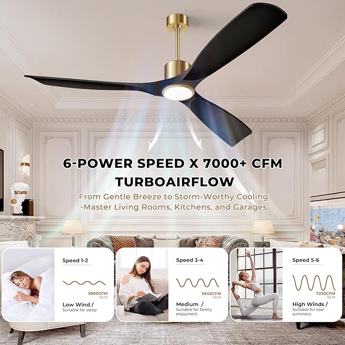 52" Smart Ceiling Fan with Lights,Black and Gold Outdoor Ceiling Fan,Work with Alexa/Gg/App/Remote,3-Color Light Dimmable 6-Speed Quiet Reversible for Patio Porch Bedroom