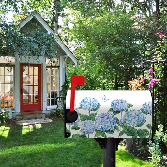 Hydrangea Flowers Magnetic Mailbox Cover Spring Summer Blue Floral Mailbox Covers Standard Size 18 x 21 Inch Outdoor Letter Post Box Wraps for Garden Yard Home Decor