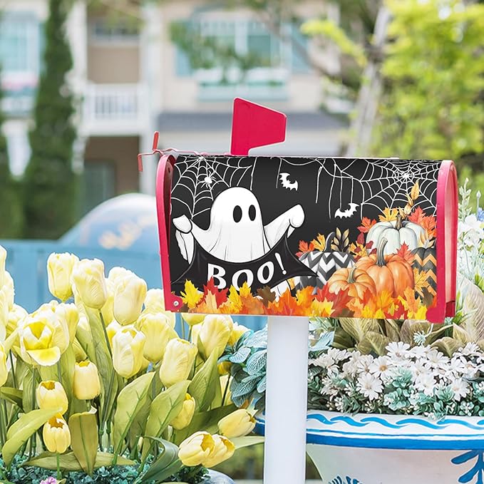 Halloween Ghost Pumpkin Mailbox Covers Magnetic Black Happy Halloween Seasonal Holiday Post Letter Box Cover Standard Size 21x18 Inch for Garden Yard Decor