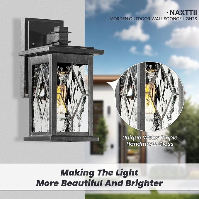 Aluminum Outdoor Wall Lights 14.5 Inch Exterior Porch Lights Wall Mount with Water Ripple Glass Black Outdoor Lighting Fixtures Wall Mount E26 Socket