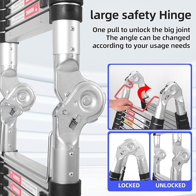 Telescoping Ladders 16.5FT A Frame Stainless Steel Extension Ladder,Heavy Duty Lasts for 375LBS,with Balance Bar and Movable Wheel,Multi-Purpose Collapsible Ladder for Outdoor Indoor