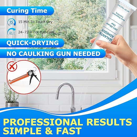 Clear Silicone Sealant & Adhesive RTV Transparent 100% Silicone Caulk Waterproof High Strength All-Purpose Shrink & Crack Proof Caulking for Kitchen, Bathroom, Windows & Car -1.8oz/50g