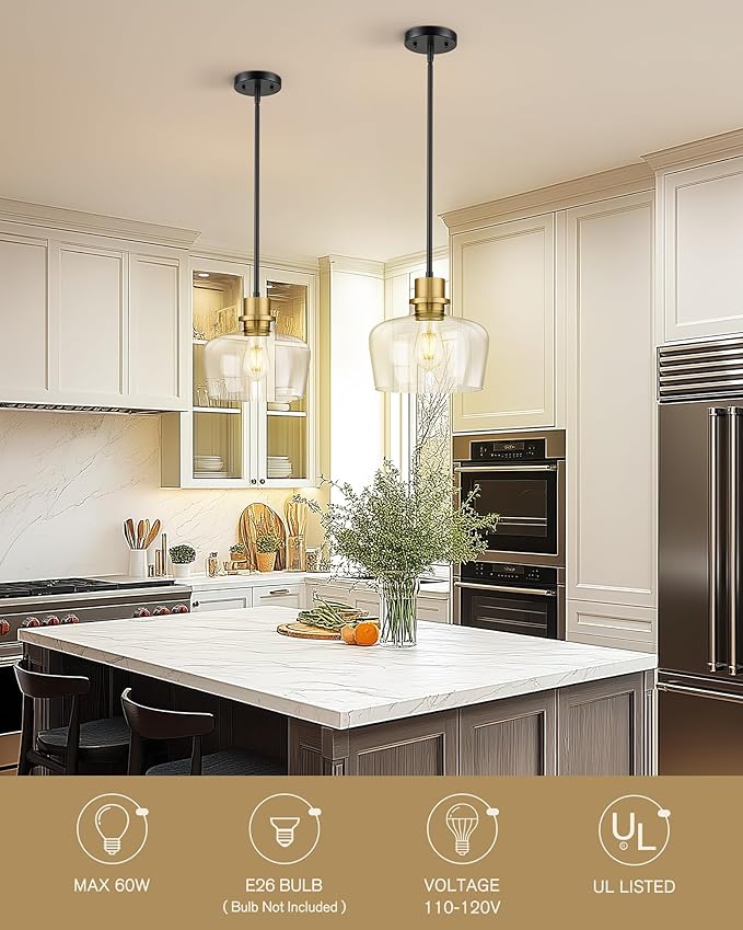 Emak 10 Inch Large Glass Pendant Lights Kitchen Island, Black and Gold Pendant Light Fixtures, Modern Farmhouse Island Lights for Kitchen, Dining Room, Bathroom, PL126-BKBGD-CG