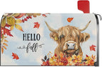 Fall Highland Cow Mailbox Cover Magnetic Standard Size 21x18 Inch Autumn Decorative Post Letter Box Wrap Decor Garden Yard Decoration