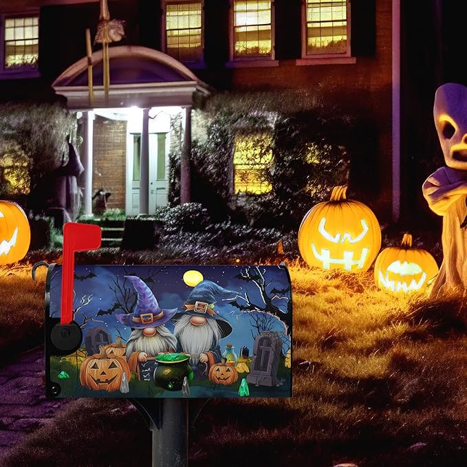 Halloween Gnome Pumpkins Magnetic Mailbox Covers Large Size 25.5x21 Inches Halloween Moon Night Mailbox Wraps Letterbox Covers Garden Yard Home Decor for Outdoor