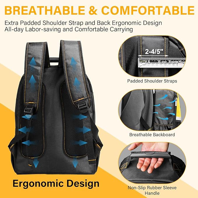 HAUTMEC Tool Backpack with Laptop Compartment, Heavy-Duty 1680D Oxford Tool Bag with Reinforced Base, 11 Pockets, Padded Straps, Portable Tool Organizer for Technicians, Contractors – HTTBM25058