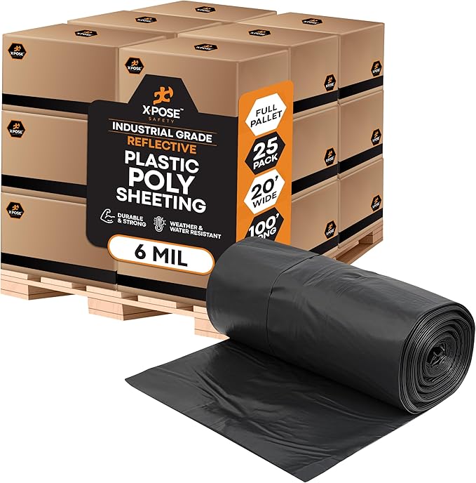 Xpose Safety Black Plastic Sheeting (Bulk Half Pallet 25 Pack) – 20' x 100' Rolls – Heavy Duty 6 Mil Poly Sheet – Waterproof, Dustproof, Vapor Barrier – for Construction, Painting, Industrial Use