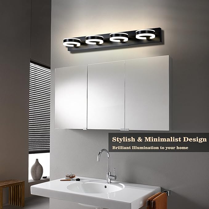 LED Bathroom Light Fixtures, 33inch Black Vanity Lights, Modern 4 Light Acrylic Wall Sconces, 350° Rotatable Wall Lighting Fixture Over Mirror