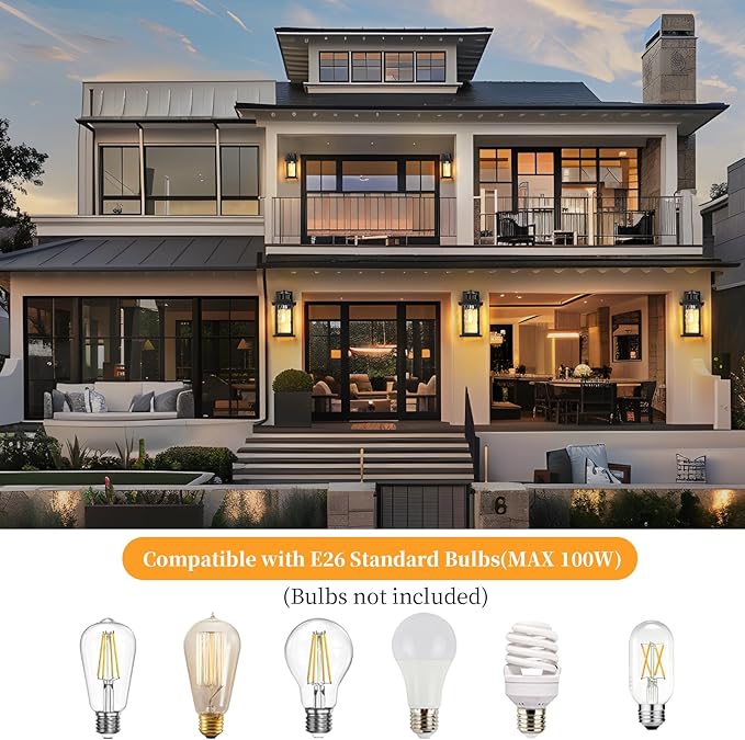 12'' Outdoor Light Fixture 2 Packs, Outdoor Wall Lights Exterior Wall Sconce with Water Ripple Glass, Waterproof Porch Light Lantern Wall Mounted, Modern Black Outside Lights for House Patio Garage