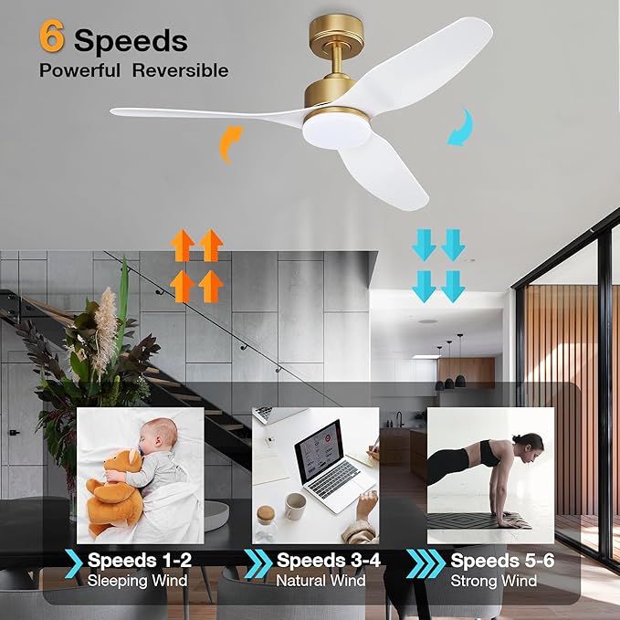 48 Inch Smart Ceiling Fans with Lights and Remote Control,Dimmable LED Light,Outdoor Indoor Gold White Ceiling Fan,Quiet DC Motor,WIFI Alexa App Workable,for Modern Bedroom Living Room Patio
