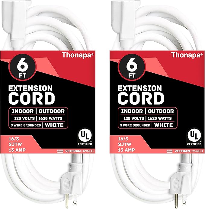 2 Pack White Extension Cord 6 ft, 16/3 SJTW Weatherproof Indoor & Outdoor Extension Cord 3 Prong Grounded Plug, Heavy Duty Power Cable Great for Home, Office & Outdoor Lights, US Veteran Owned