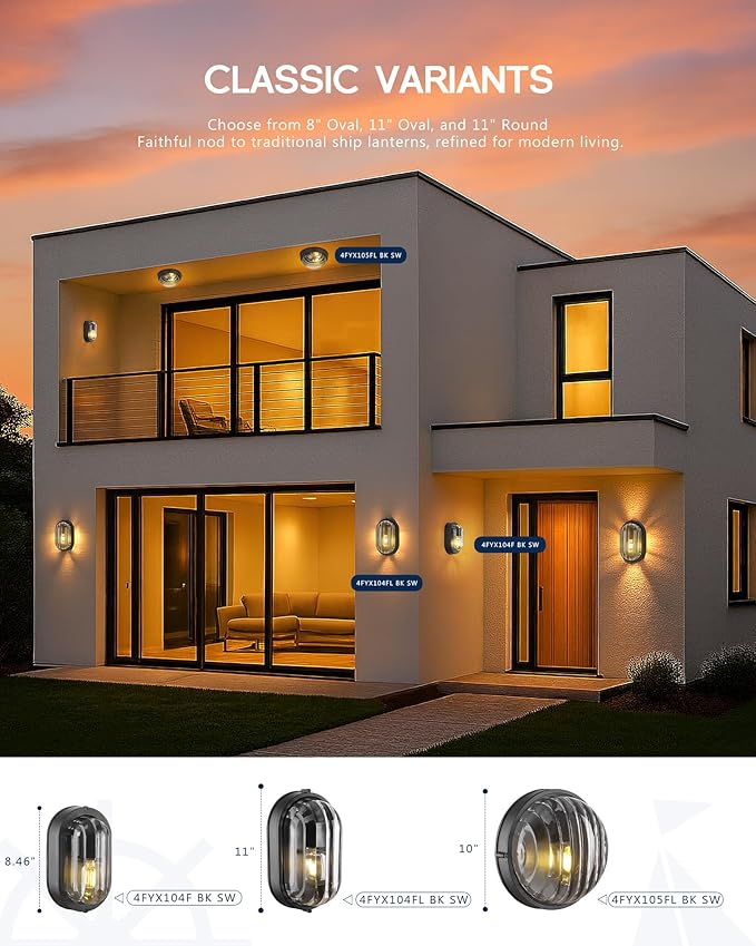 FEMILA 11" Oval Bulkhead Exterior Wall Sconce, Modern Outdoor Wall Lantern, Aluminum, Ripple Glass, IP44, E26, Front Porch Light for Patio/Garage/Entry, 4FYX104FL BK SW