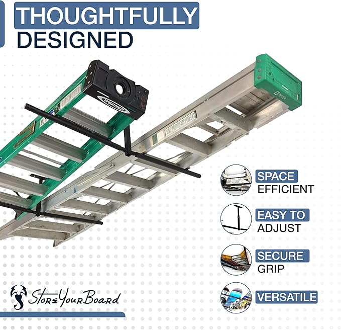 StoreYourBoard Adjustable Overhead Ladder Rack – Garage Organizer Ladder Shelf for Step & Extension Ladders - Storage Racks and Shelving for Garage Organization - Ceiling Mounted - Holds 150 lbs