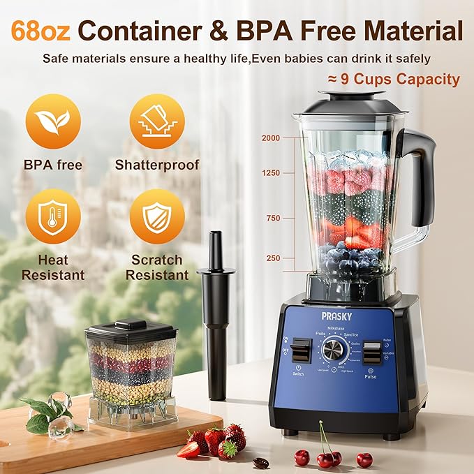 Blender, Smoothies Blenders, PRASKY Max.2400Watts/1000Watts Kitchen Blender and Grinder Combo 25000RPM Powerful Kitchen 68oz BPA Free 2 Containers Countertop Blenders Ice Crushing (Blue)