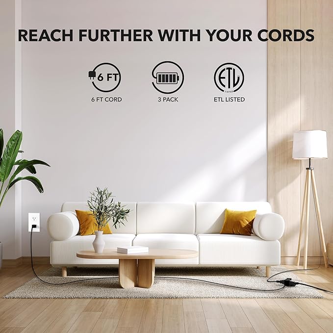 HBN Extension Cord, 3-Pack 6FT Black, 2 Prong Indoor Extension Cord 16/2 SPT-2, 13A, 1625 W, 3-Outlet Extension Cords for Home/Office Use