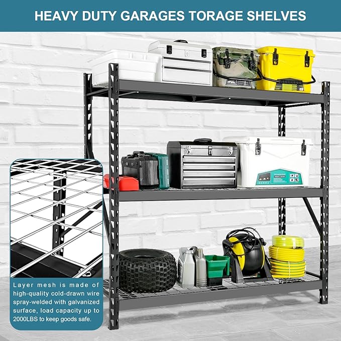 Garage Storage Shelves - Heavy Duty 72”H x 77”W x 24”D Adjustable 3-Tier Metal Shelving Rack, 6000LBS Capacity - Ideal Garage Shelving for Storage Solutions