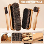 4 Pcs Horsehair Shine Shoes Brush Kit Polish Dauber Applicators Cleaning Leather Shoes Boots Care Brushes Suede Cleaner Brush with Microfiber Shoe Cloth(Wooden Style A)