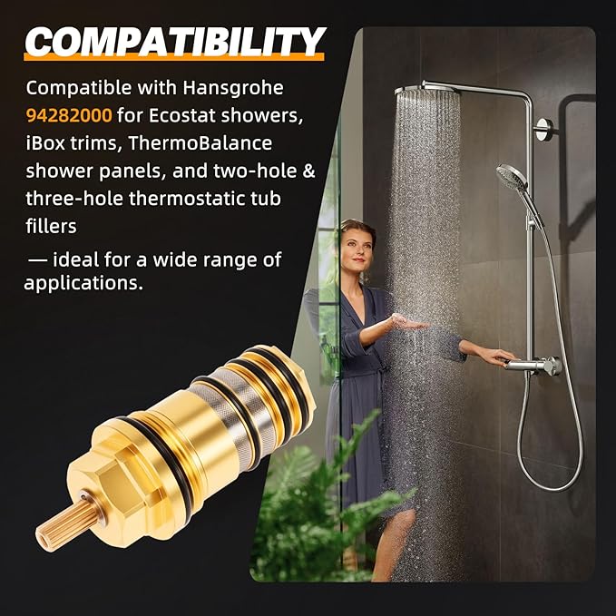 94282000 3/4" Brass Thermostatic Cartridge Valve Core Fit for Hansgrohe Ecostat Showers, for 2-Hole & 3-Hole Thermostatic Tub Fillers, for iBox Trims & ThermoBalance Panels Temperature Control