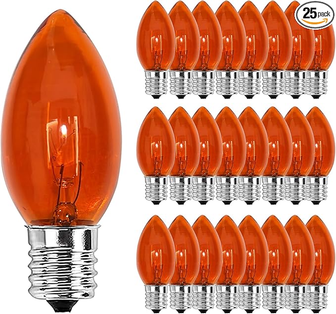 C9 Orange Halloween Light Bulbs, 25-Pack E17 Base, Waterproof Outdoor Bulbs for Halloween Decorations, Patio & Yard Lighting, Spooky Glow for Parties, Pathway & Events