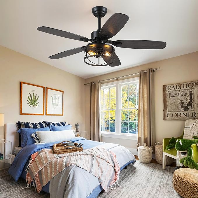 52" Black Ceiling Fan with Light & Remote, Timer, 5 Wood Blades - Rustic Flush Mount Fandelier, 6-Speed Reversible, Indoor/Outdoor for Bedroom, Living Room, Kitchen, Patio