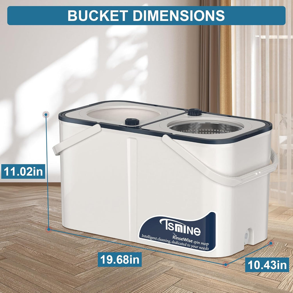 Gen 1 Large-Capacity Spin Mop and Bucket – for Big Homes & Deep Cleaning Days,4-Chamber System Separates Dirty & Clean Water, 2-GAL Heavy-Duty Design with Wheels & 6 Refill Mop Heads - White/Grey