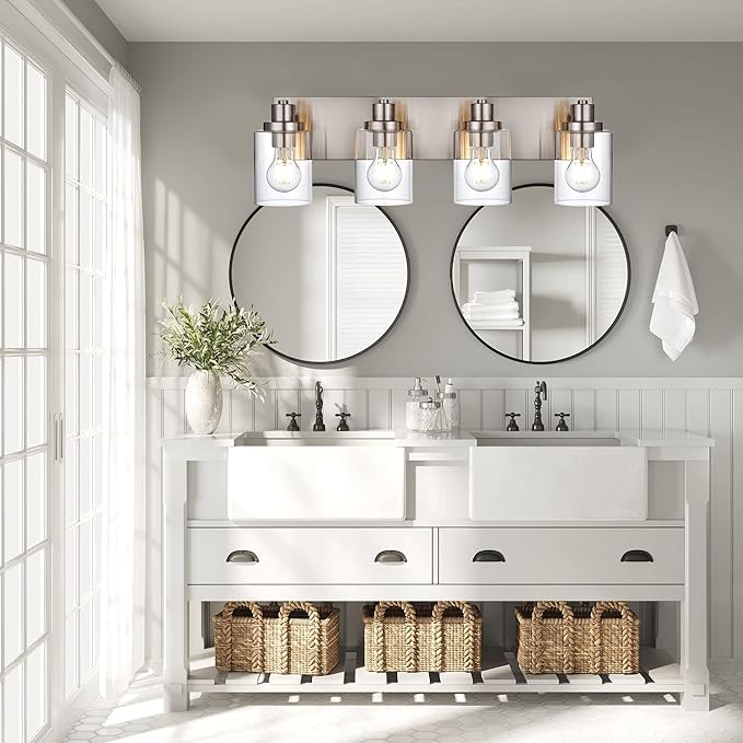4 Light Vanity Light Brushed Nickel Bathroom Lighting Fixtures Over Mirror, Modern Bathroom Light with Clear Glass Shade, Farmhouse Vanity Lights