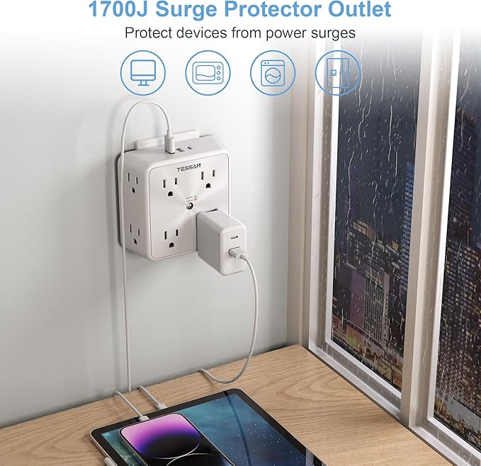 Surge Protector 8 Outlet Extender, TESSAN Multi Outlet Splitter with 3 USB Wall Charger (1 USB C), 3-Sided Multiple Plug Power Strip 1700J, Charging Station for Home Office Dorm Room Essentials