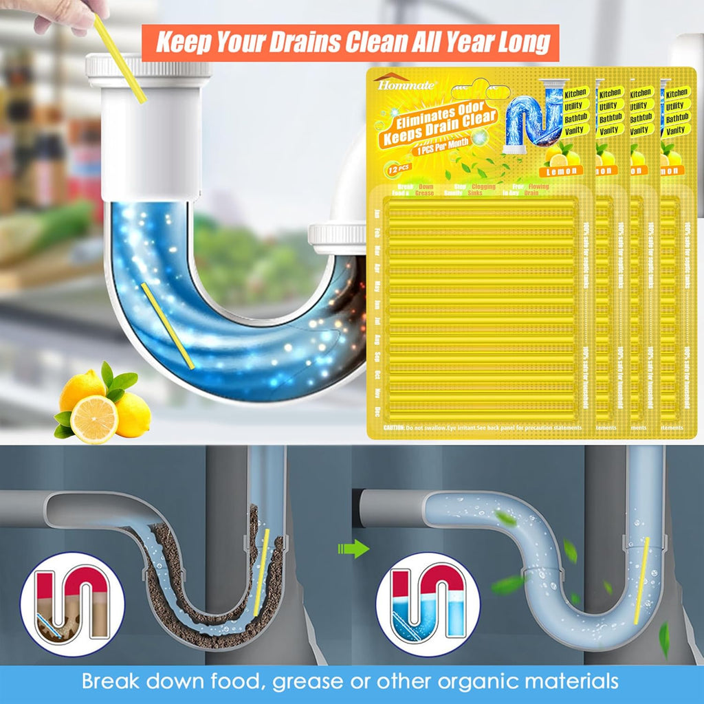 Drain Sticks Bio-Flow Drain Cleaner Sticks Lemon Scent Odor Remover for Sink Pipe Cleaning