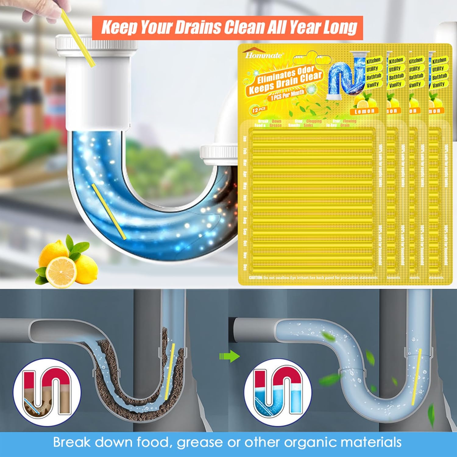 Drain Sticks Bio-Flow Drain Cleaner Sticks Lemon Scent Odor Remover for Sink Pipe Cleaning