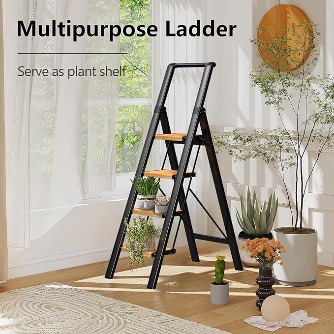 Step Ladder 4 Step Folding Stool with Anti-Slip Widened Sturdy Pedal and Handgrip, Portable Lightweight Aluminum Ladder for Home,Kitchen,300 lbs Capacity-Black+Woodgrain