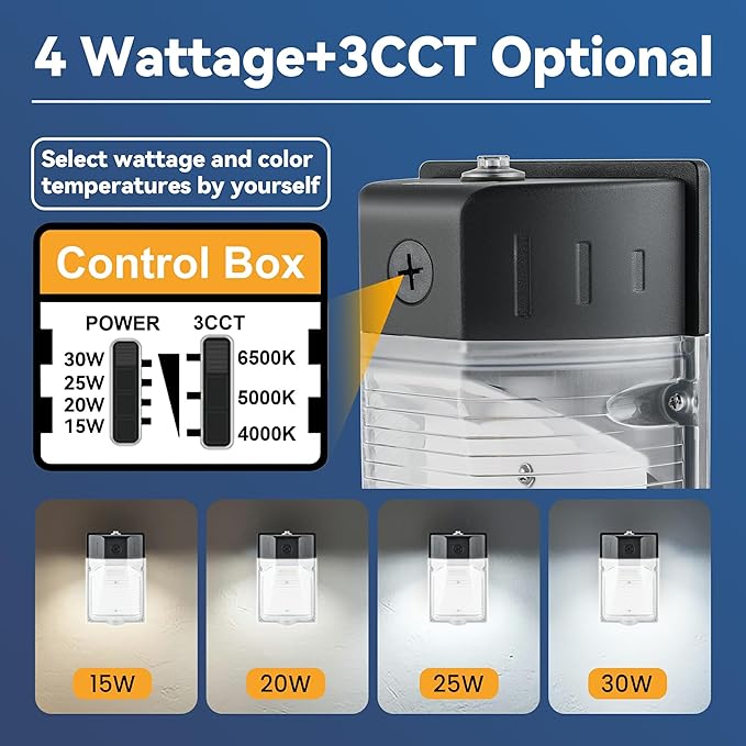 30W LED Wall Pack Light with Dusk to Dawn Photocell 4Pack, 3CCT 4000/5000/6500K, 15/20/25/30W Selectable, LED Wall Lights Outdoor Security Lighting for House Garage Yard Garden, 100-277VAC, ETL Listed