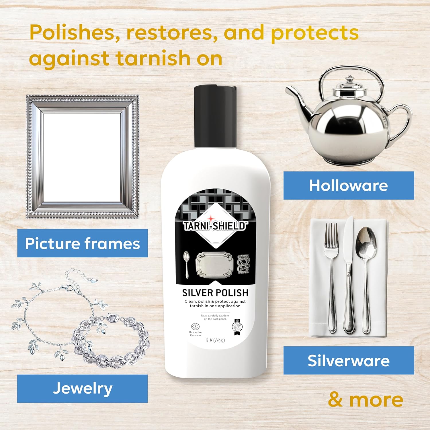 Tarni-Sheild Silver Polish - Clean, Polish, and Protect Against Tarnish - 8 Ounces – Safely Cleans Silver, Copper, Brass, and Other Metals in Just One Application - 6 Pack