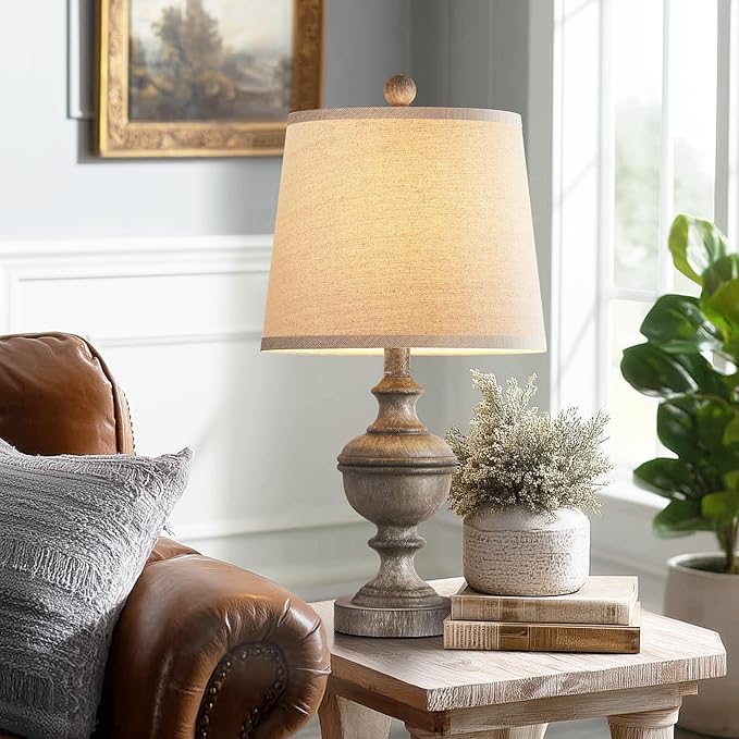 PARTPHONER Retro Table Lamps Set of 2, Bedside Lamp for Bedroom Rustic Farmhouse Table Lamps for Living Room, Vintage Nightstand Lamps with White Shades, Grey