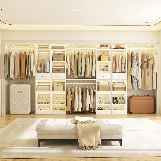 Unikito 10-15FT Closet Systems, Large Wood Walk in Closet Organizer with Hanging Rods and Drawers, Heavy Duty Closets Wardrobe with Shoe Rack, Sturdy Reversible Clothes Closet Kit, White, Set of 2