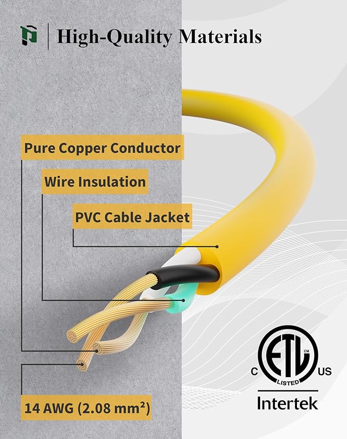 PLUGTUL 15FT Outdoor Extension Cord with Multiple Outlets, 14 Gauge, 3-Outlet, SJTW, 15A 14AWG 1875W SJTW, ETL Listed - Great for Garage, Garden and Home, Yellow