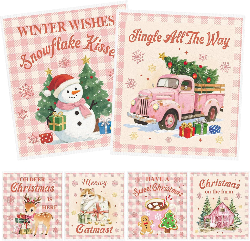 Pink Christmas Swedish Dishcloths for Kitchen, 6 Pack Snowman Truck Reusable Dish Paper Towels Housewarming Gifts, Xmas Absorbent Dish Rags for Home Cleaning