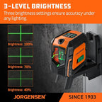 JORGENSEN Laser Level with Tripod & 2 Plumb Dots, 100 FT Self Leveling Point Cross Line Laser Leveler Tool, Wide Angle Green Laser Level for Picture Hanging, Indoor Project, Construction, Carry Bag